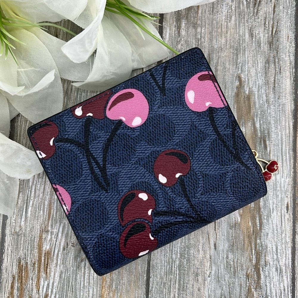Coach Snap Wallet In Signature Canvas With Cherry Print & Cherry Charm Bag Purse - Picture 4 of 8